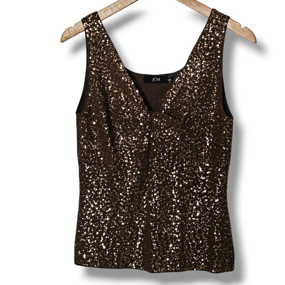 JON Sleeveless Top Size L Brown Gold Sequin Knot Twist V-Neck Fairy Whimsy Shine